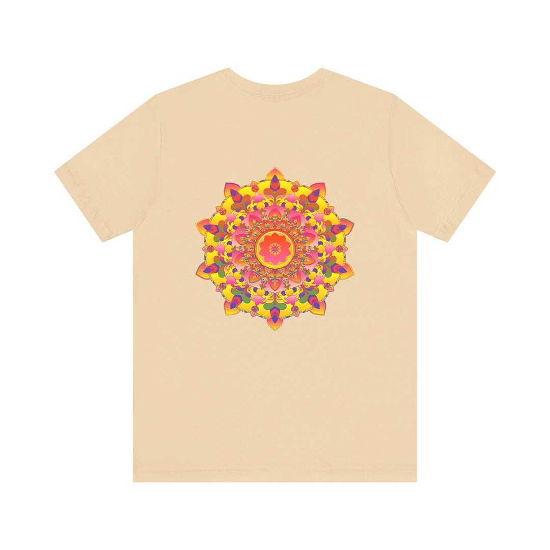 A beautiful vibrant mandala tee shirt featuring spiritual symbols for peace and harmony, perfect for expressing your inner tranquility and positive energy