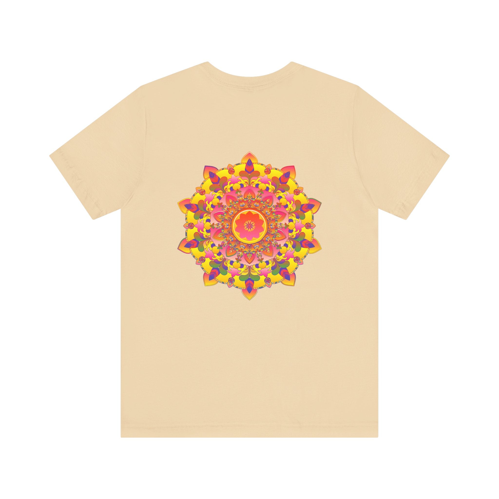 A beautiful vibrant mandala tee shirt featuring spiritual symbols for peace and harmony, perfect for expressing your inner tranquility and positive energy