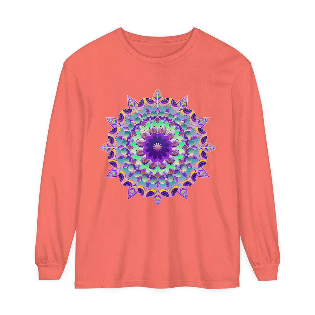 Colorful and intricate psychedelic mandala pattern on long sleeve t-shirt