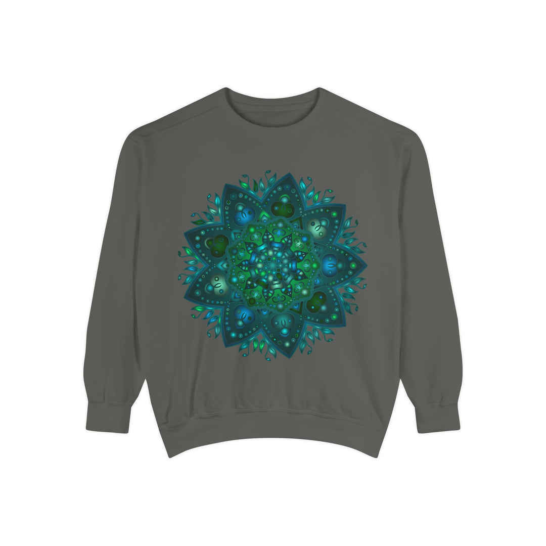 Teal and blue mandala sweatshirt with intricate design, perfect for adding a pop of color and style to your wardrobe