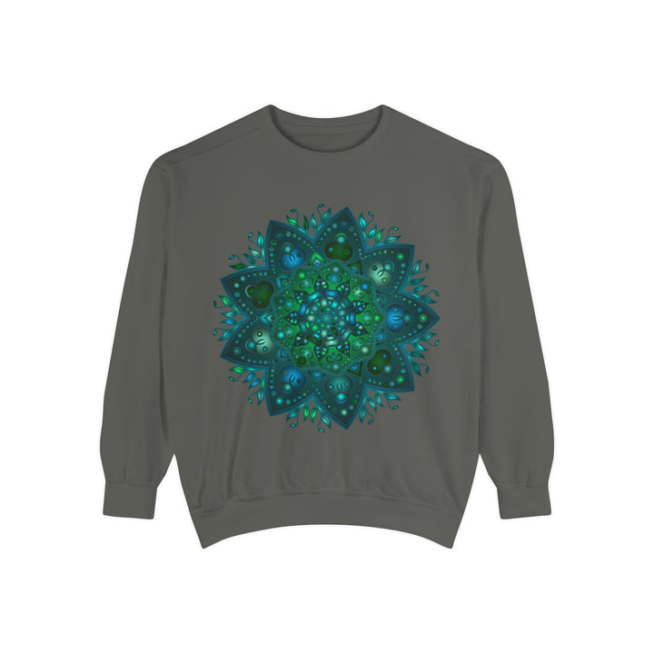 Teal and blue mandala sweatshirt with intricate design, perfect for adding a pop of color and style to your wardrobe