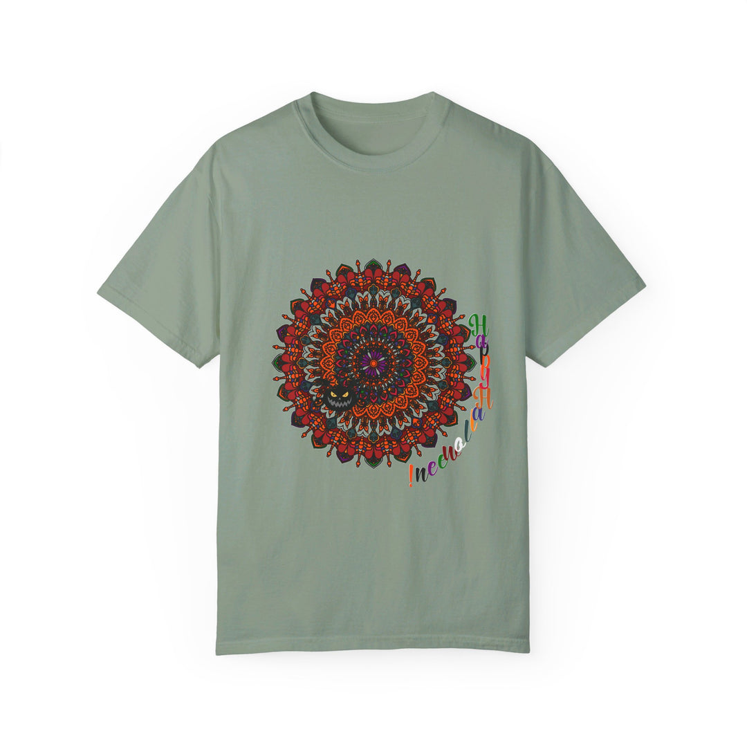 Unisex garment-dyed tee featuring handmade pumpkin mandala art for Halloween