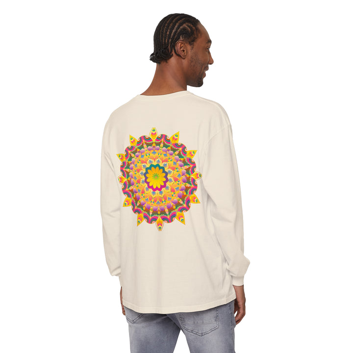 Colorful psychedelic mandala design on a long sleeve t-shirt