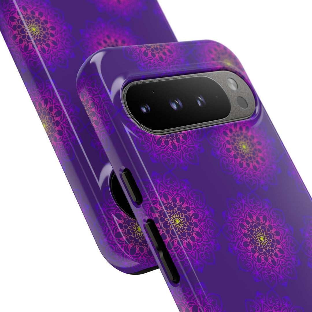 Intricate Purple Floral iPhone Case with Bold Mandala Design