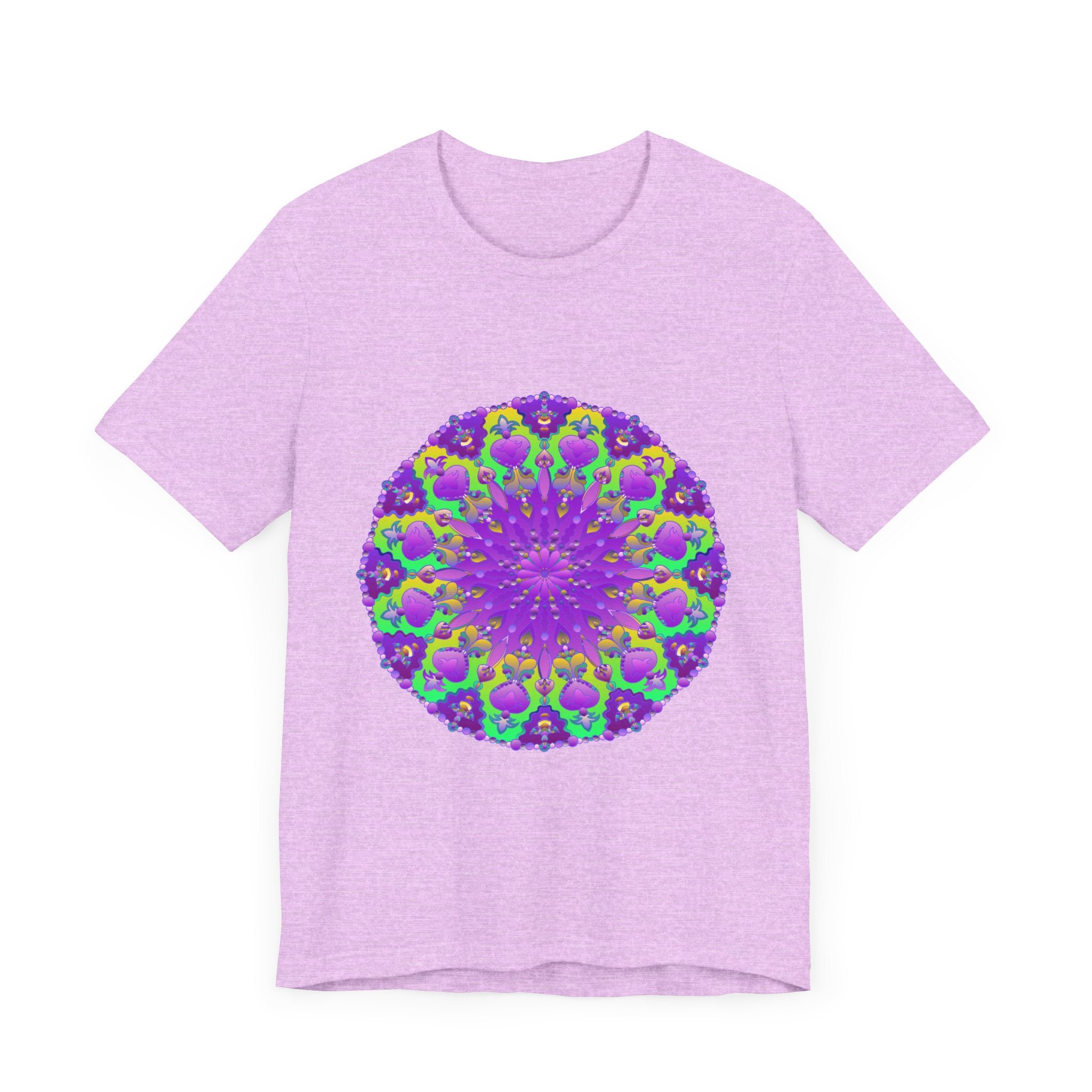 Vibrant purple and green mandala tee with intricate and mesmerizing design