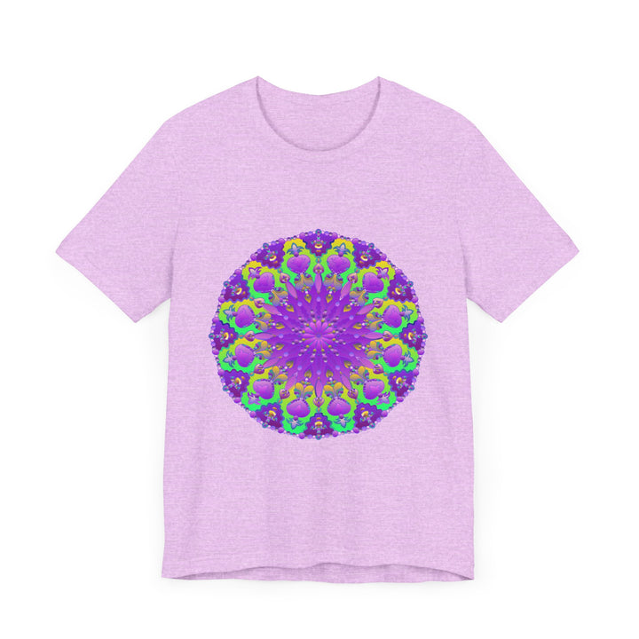 Vibrant purple and green mandala tee with intricate and mesmerizing design