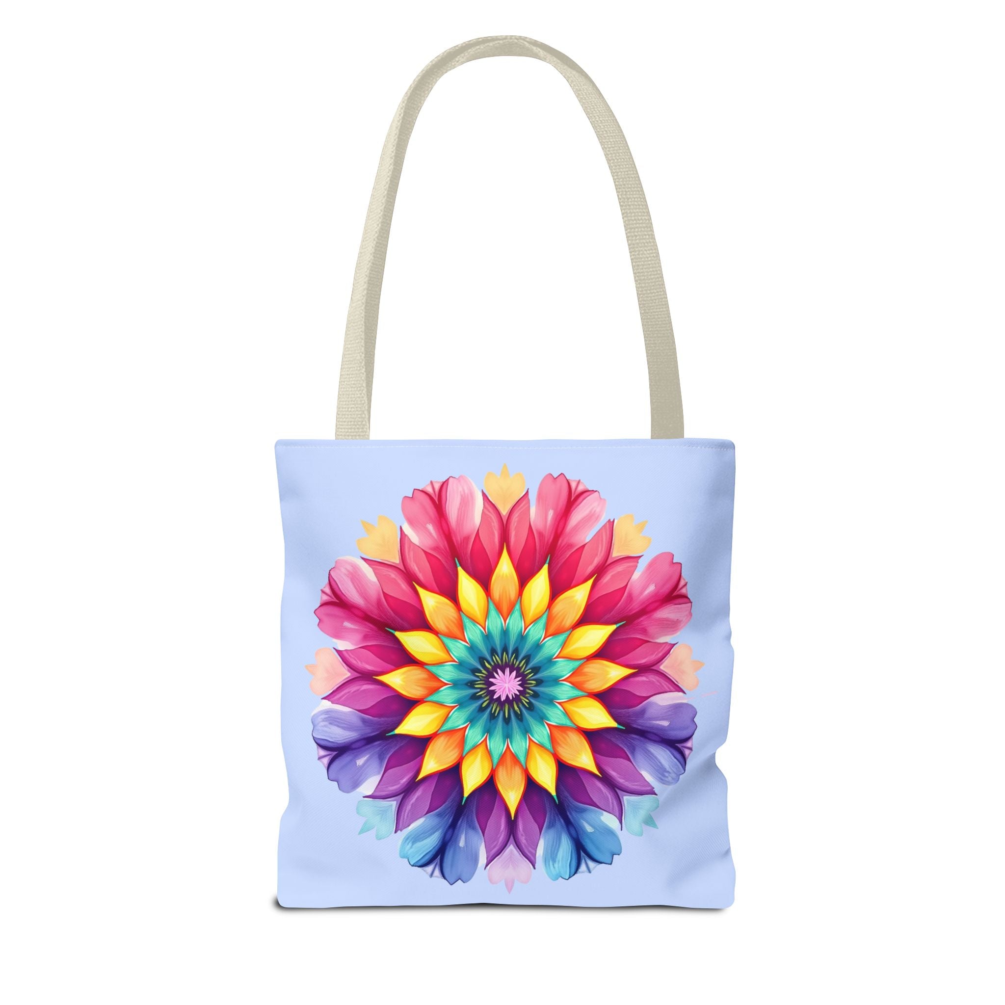 Colorful rainbow mandala tote bag with intricate design and spacious interior