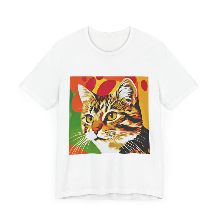 Colorful short sleeve tee featuring a pop art design of a playful tabby cat