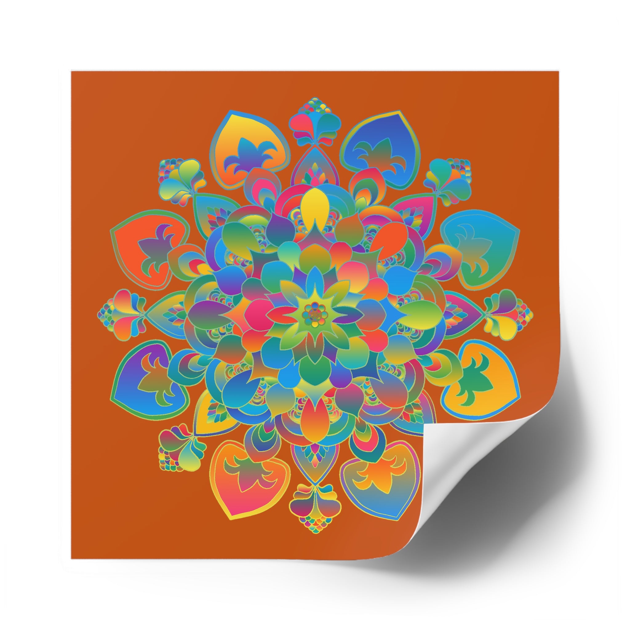 Handgezeichnete Mandala-Laminieraufkleber – Gold, Rot und Grün auf gebranntem Orange