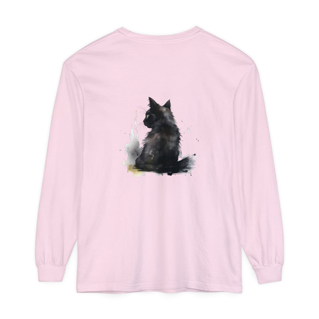 Black Cat Watercolor Dream Long Sleeve T-Shirt, featuring a vibrant and artistic watercolor design of a black cat on a comfortable long sleeve shirt