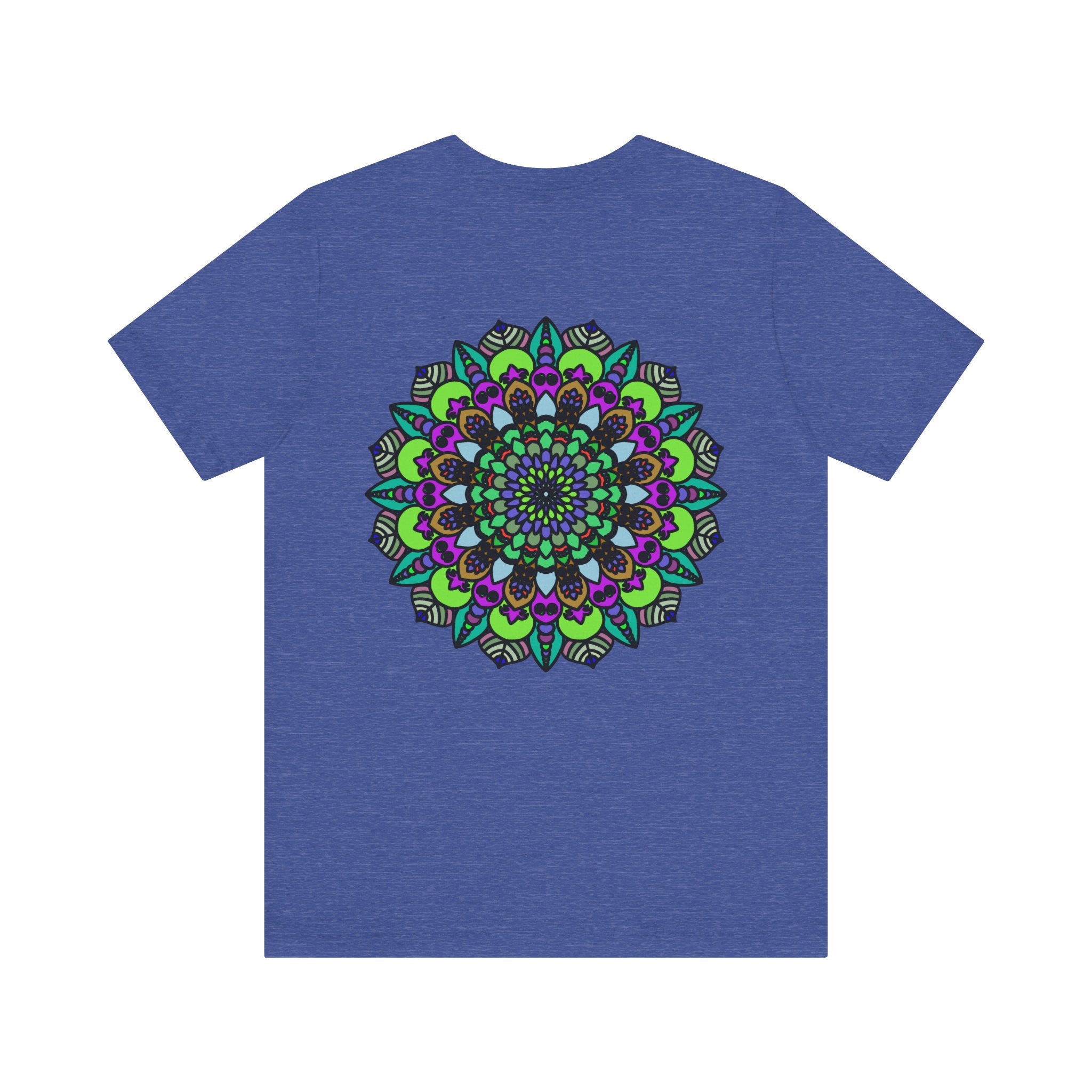 An intricate mandala design featuring symbols of peace and spiritual harmony on a comfortable tee shirt