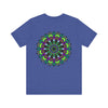 An intricate mandala design featuring symbols of peace and spiritual harmony on a comfortable tee shirt