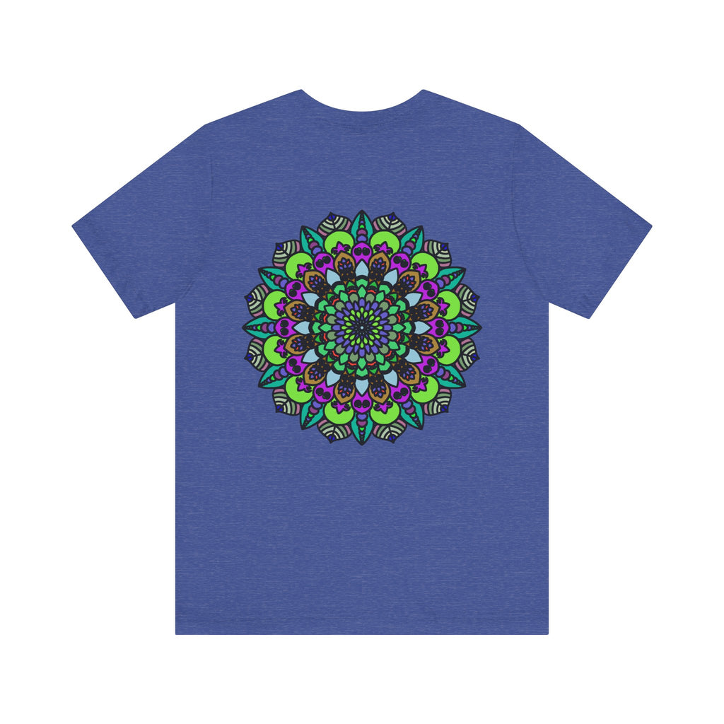 An intricate mandala design featuring symbols of peace and spiritual harmony on a comfortable tee shirt