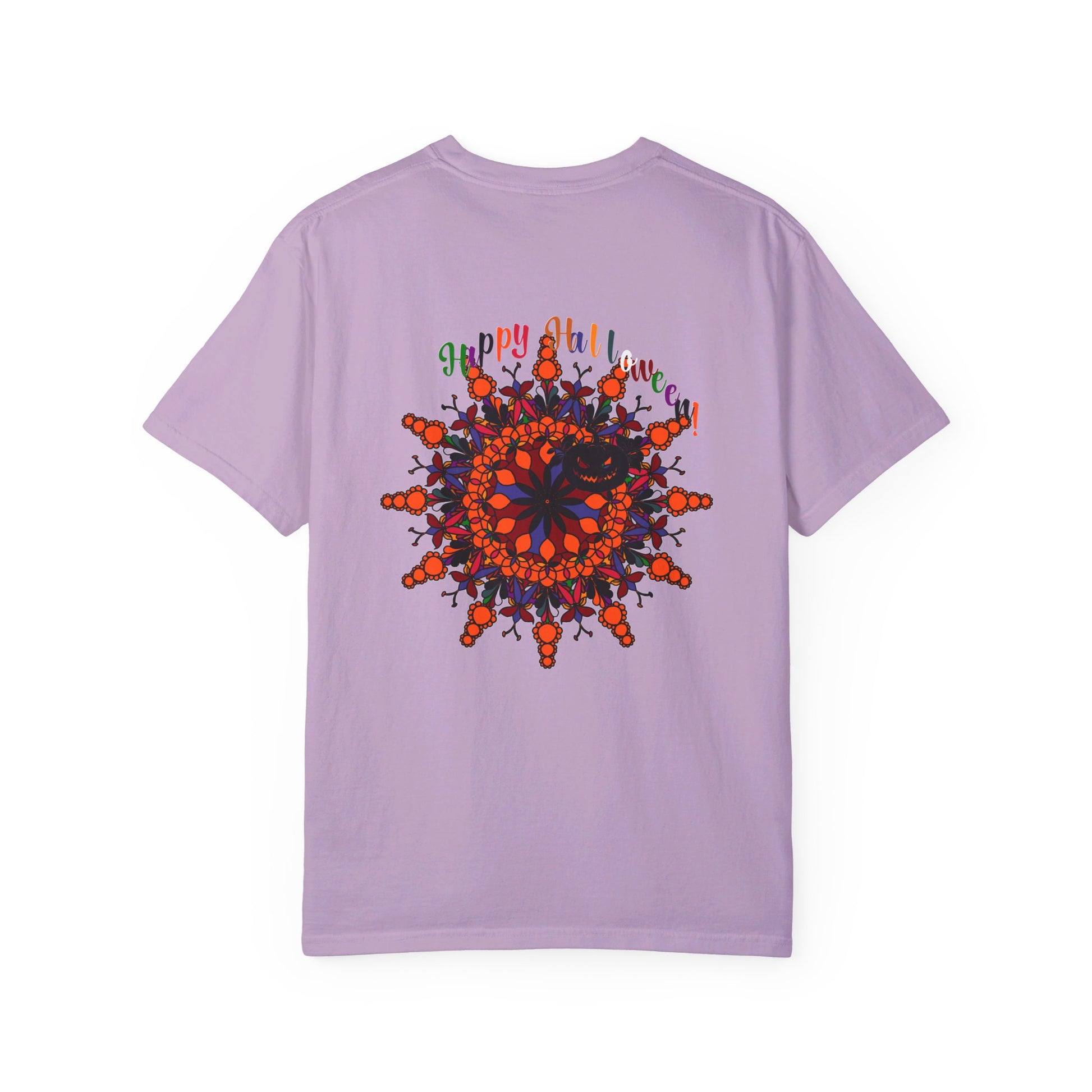 Unisex Halloween Mandala T-shirt featuring handmade Pumpkin Mandala Art on garment-dyed tee