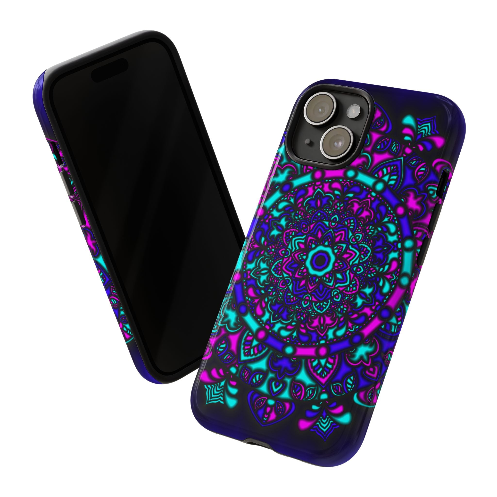 Mandala Neon Phone Case — Purple & Teal Protective Tough Case