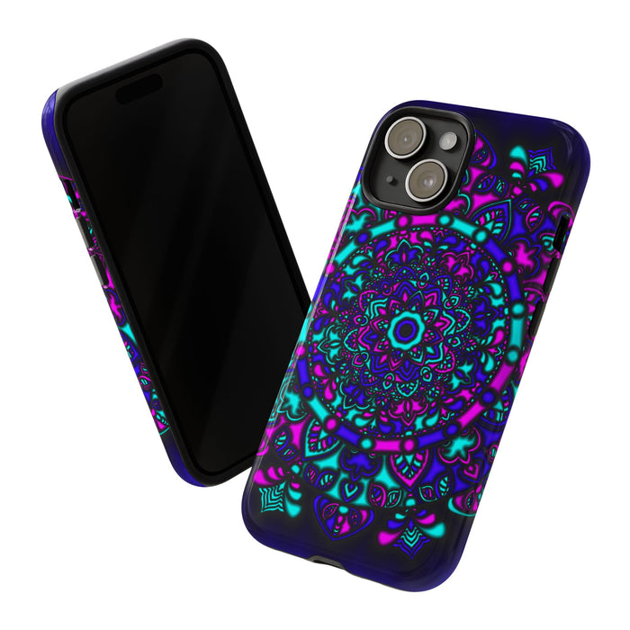 Mandala Neon Phone Case — Purple & Teal Protective Tough Case