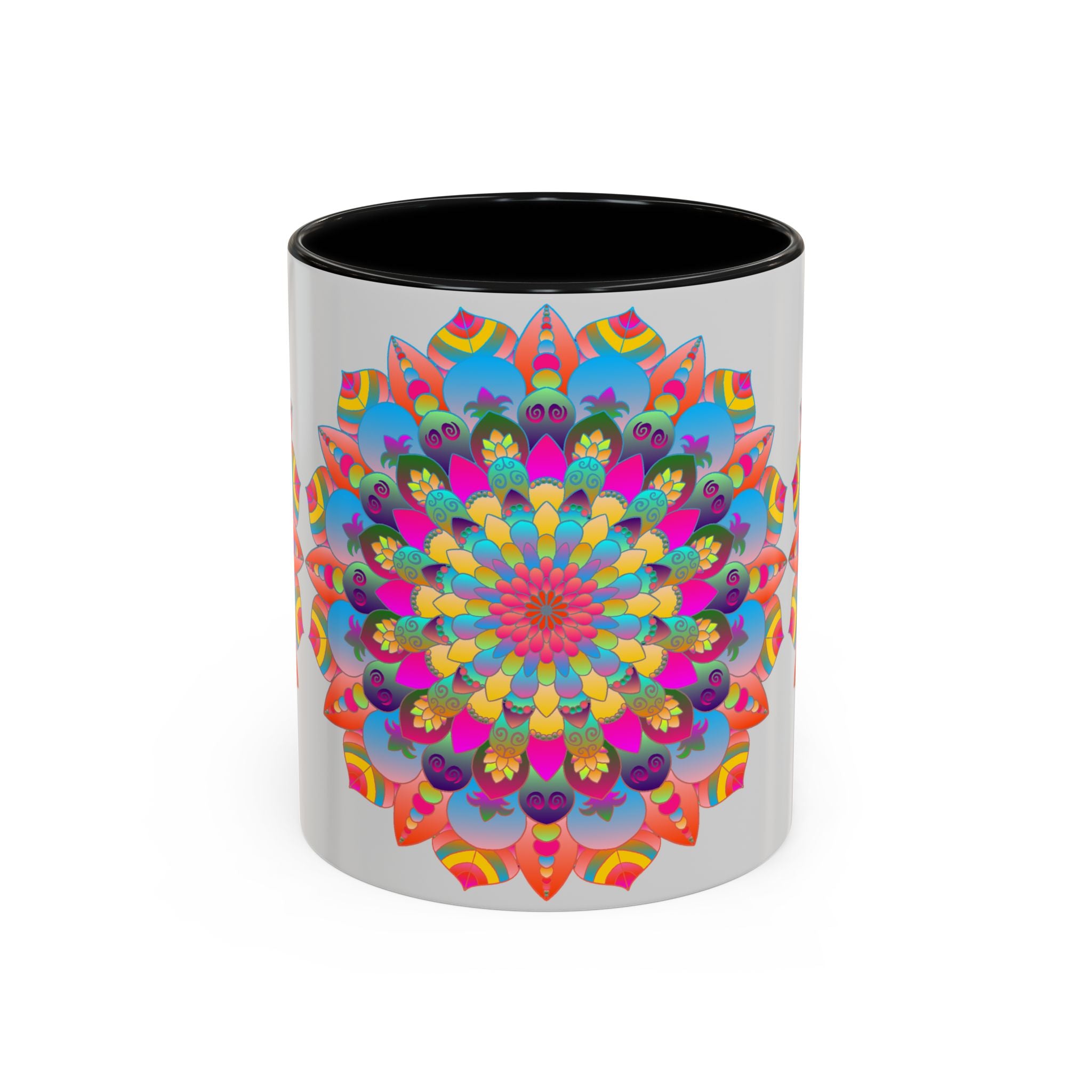 Handcrafted ceramic mug featuring a vibrant mandala design with various colors and circular patterns, perfect for coffee or tea enthusiasts