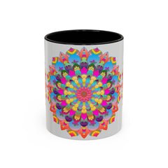 Handcrafted ceramic mug featuring a vibrant mandala design with various colors and circular patterns, perfect for coffee or tea enthusiasts