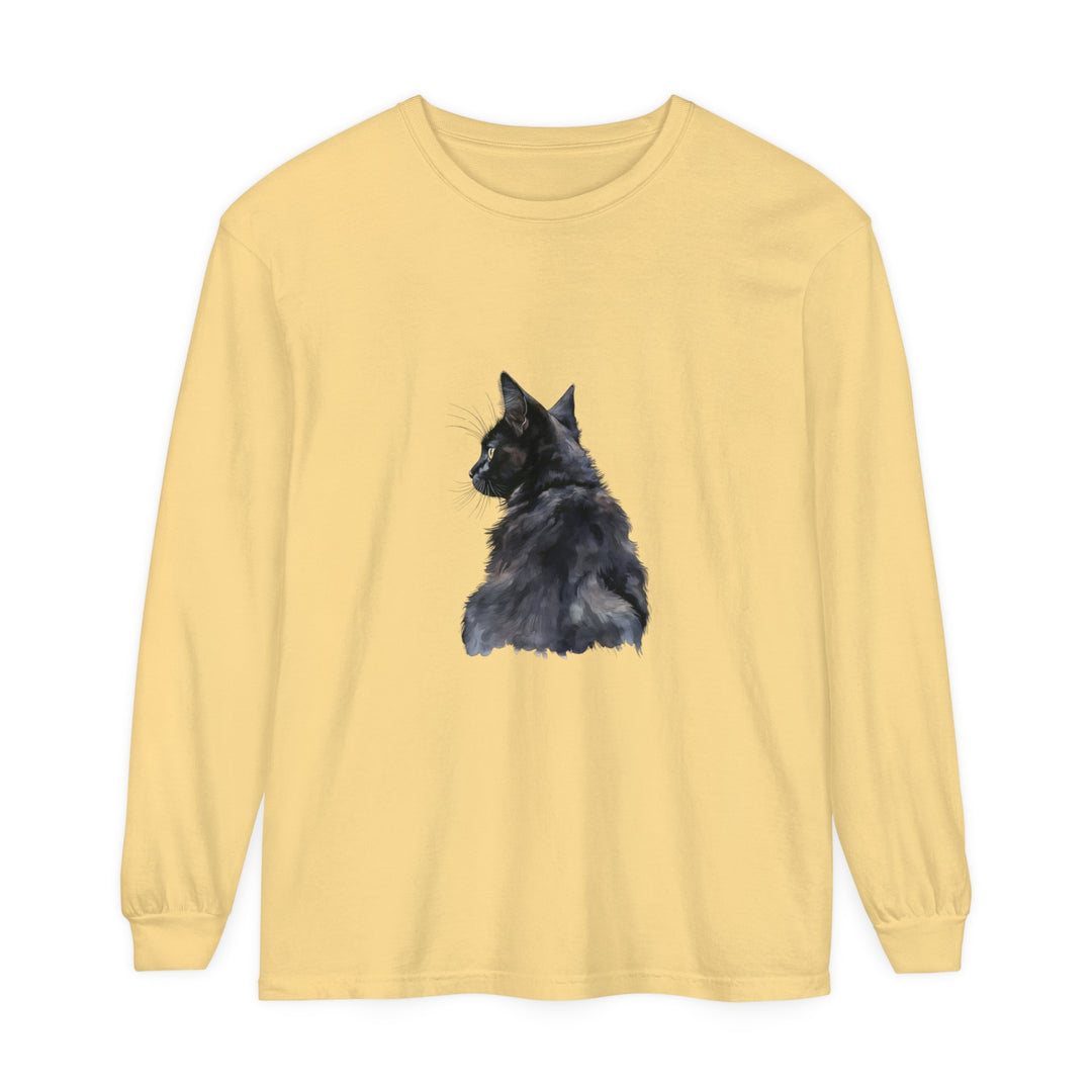 Black Cat Watercolor Long Sleeve T-Shirt with vibrant watercolor cat design