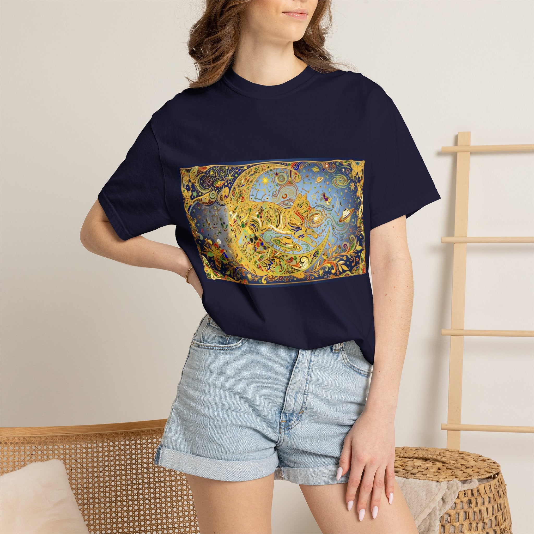 Crescent Cat & Moon T-Shirt — Vintage Celestial Tee