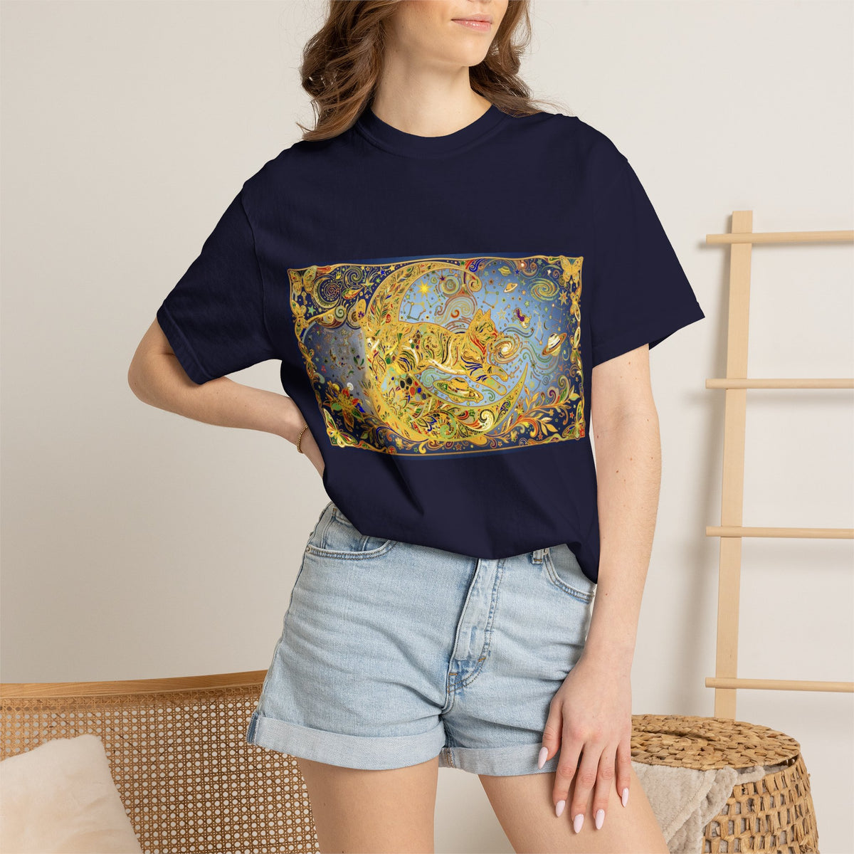 Crescent Cat & Moon T-Shirt — Vintage Celestial Tee