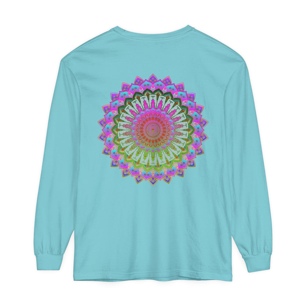 Colorful and intricate mandala design on a unisex long sleeve t-shirt