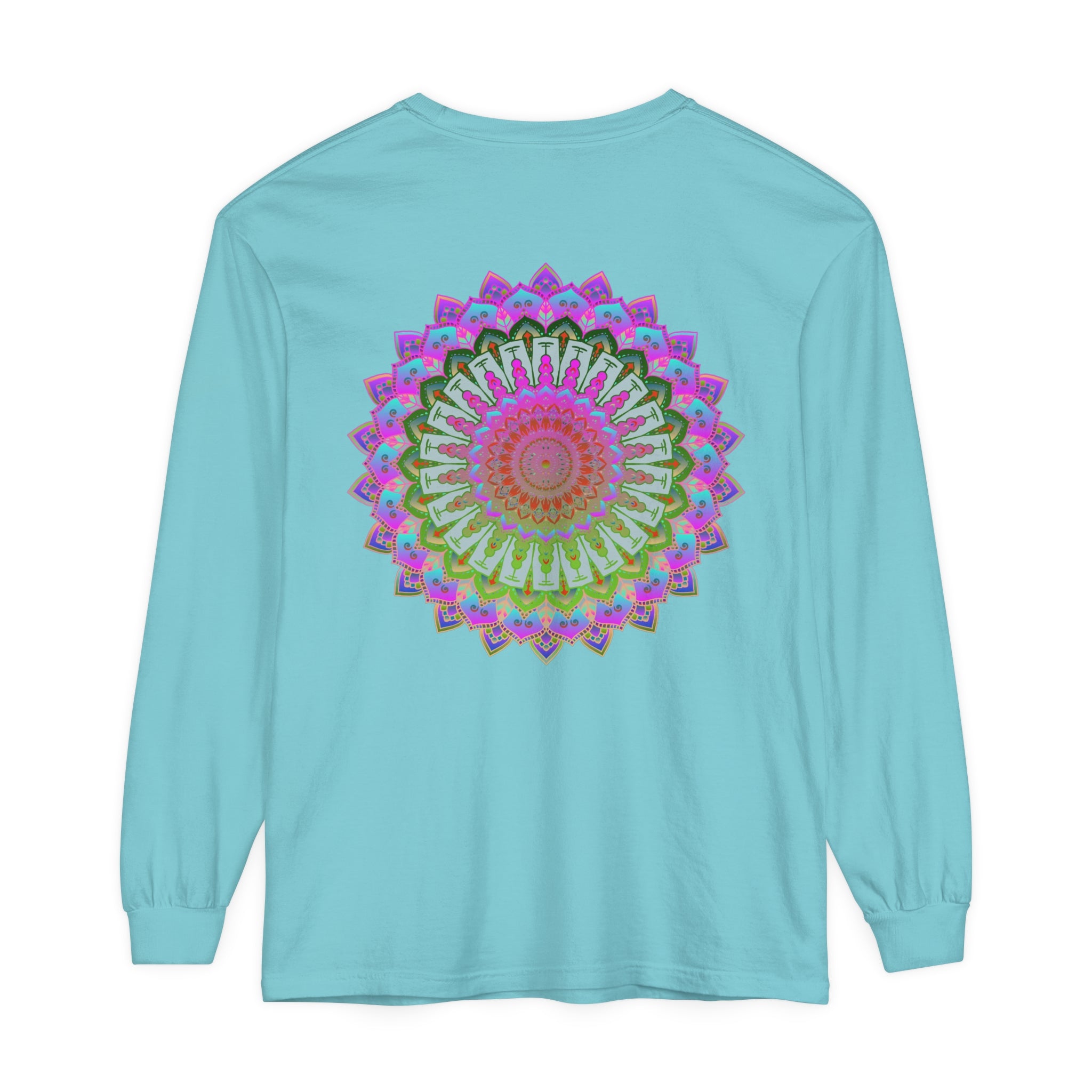 Colorful and intricate mandala design on a unisex long sleeve t-shirt
