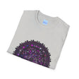 Vibrant purple mandala art hand-drawn design on softstyle unisex t-shirt
