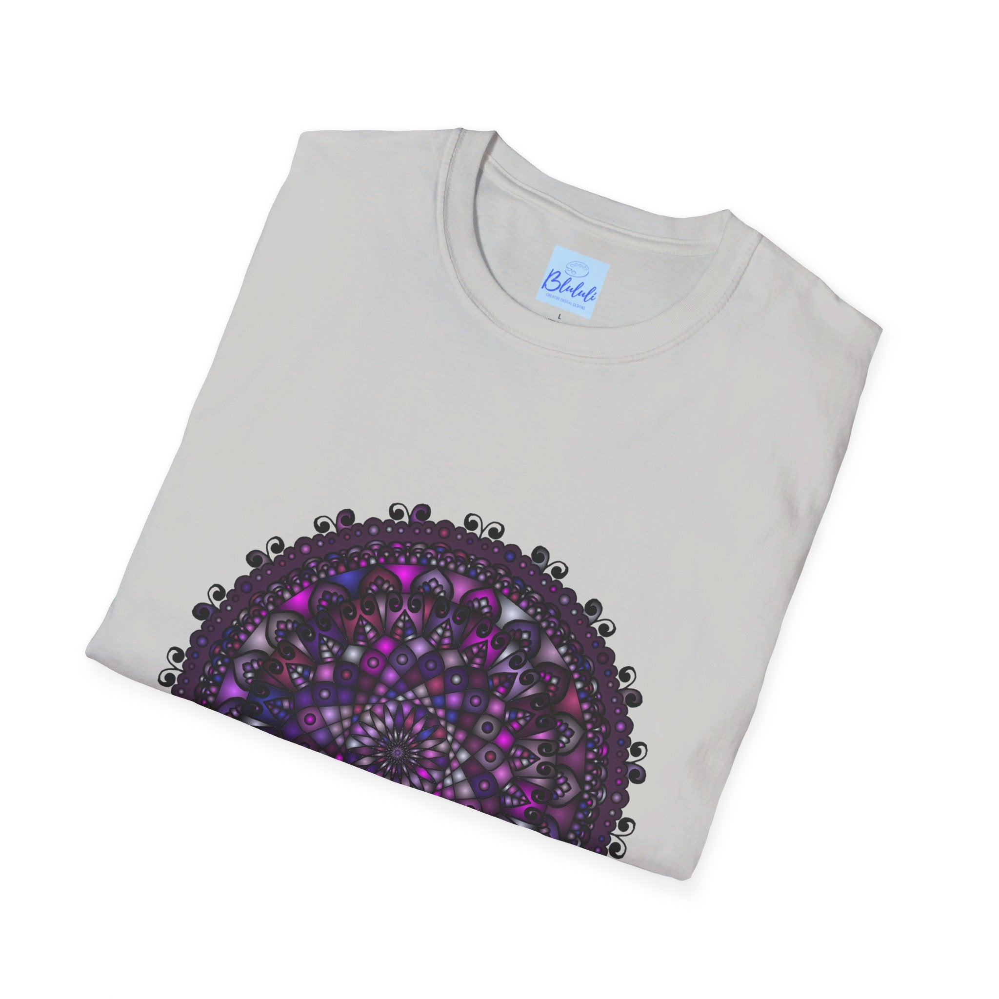 Vibrant purple mandala art hand-drawn design on softstyle unisex t-shirt