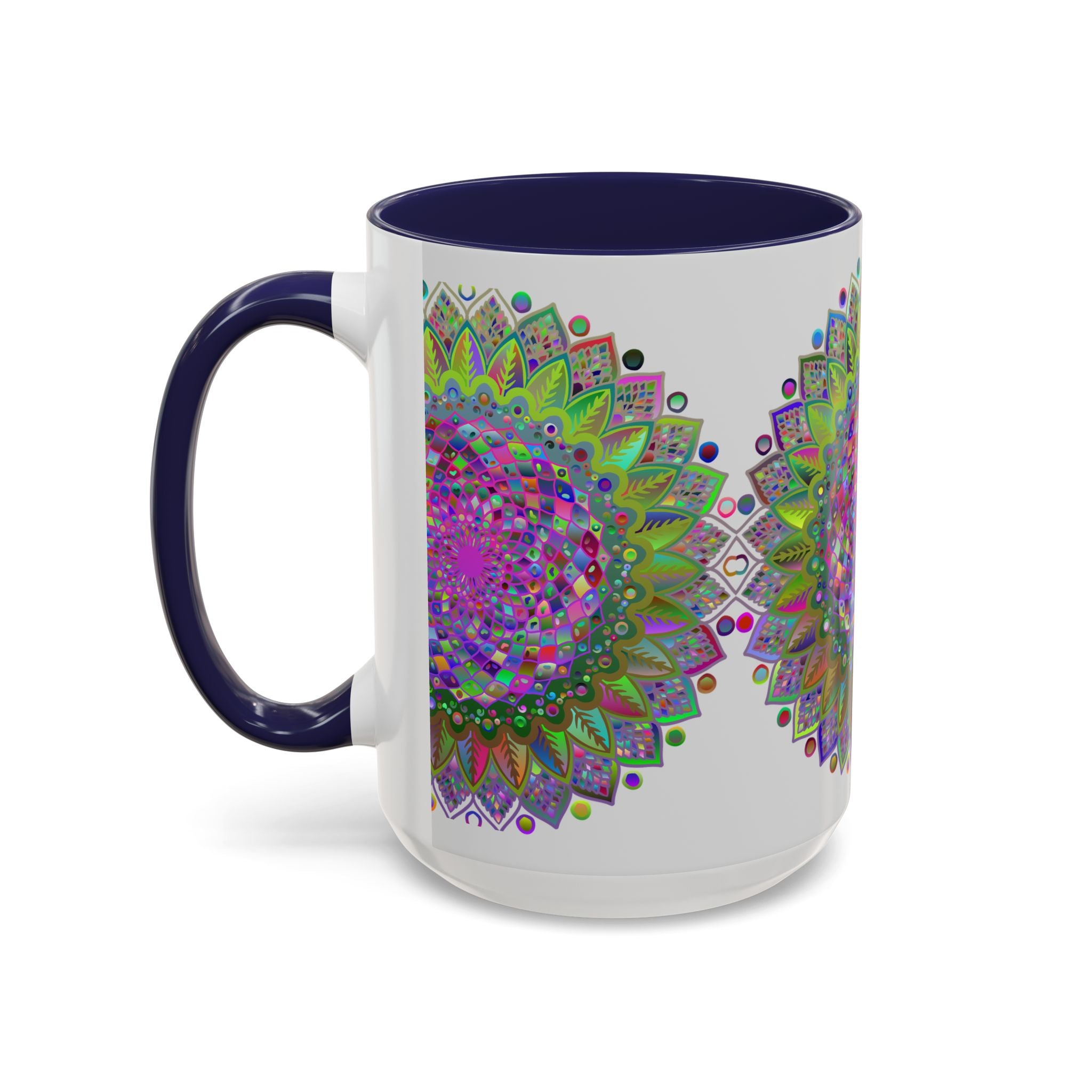 Colorful and intricate psychedelic mandala design featured on a grey ceramic mug