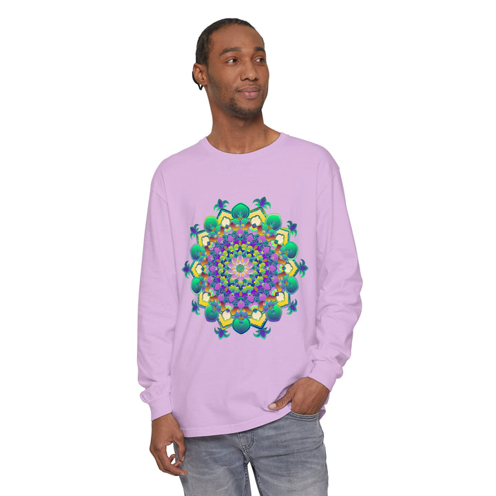 Intricate Mandala Long Sleeve T-Shirt with colorful geometric design and intricate floral patterns