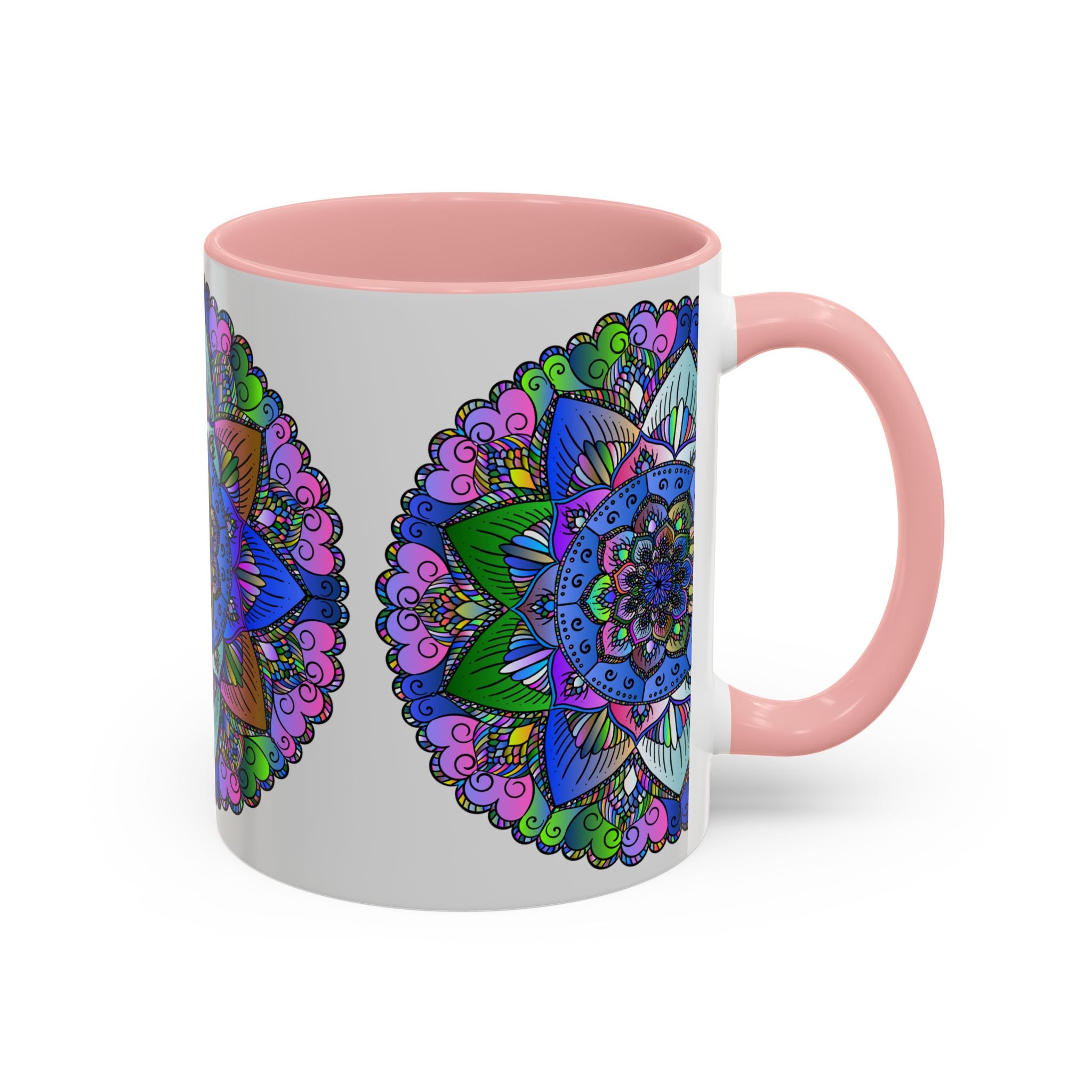 A vibrant and intricate mandala design adorns a ceramic mug, creating a peaceful and colorful work of art