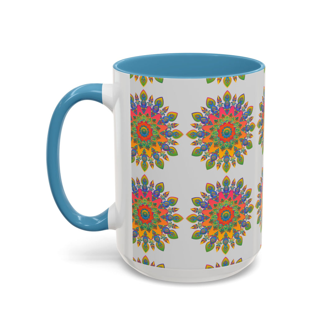 Colorful and eye-catching mandala design featured on a grey ceramic mug