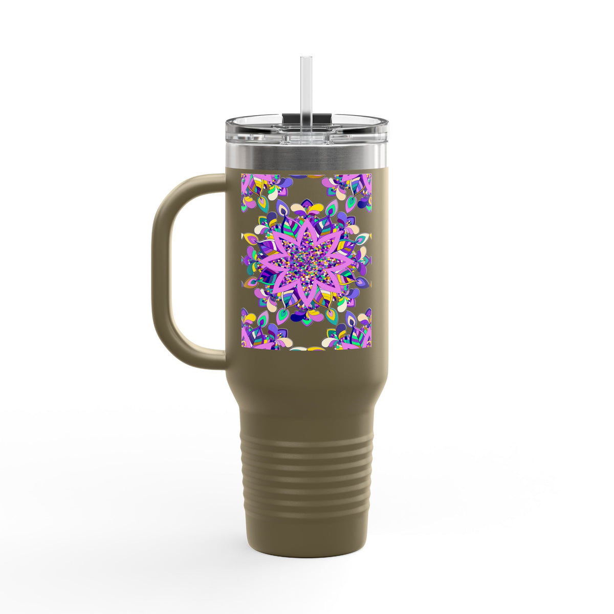 40oz Insulated Travel Mug — Purple Floral Mandala Design