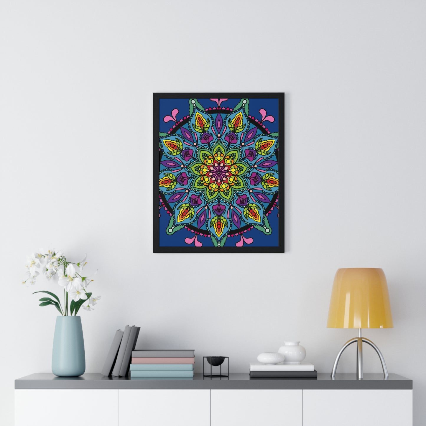 Vertical Framed Poster of Hand-drawn Blue Mandala Art for Yoga and Mindfulness Meditation Practices