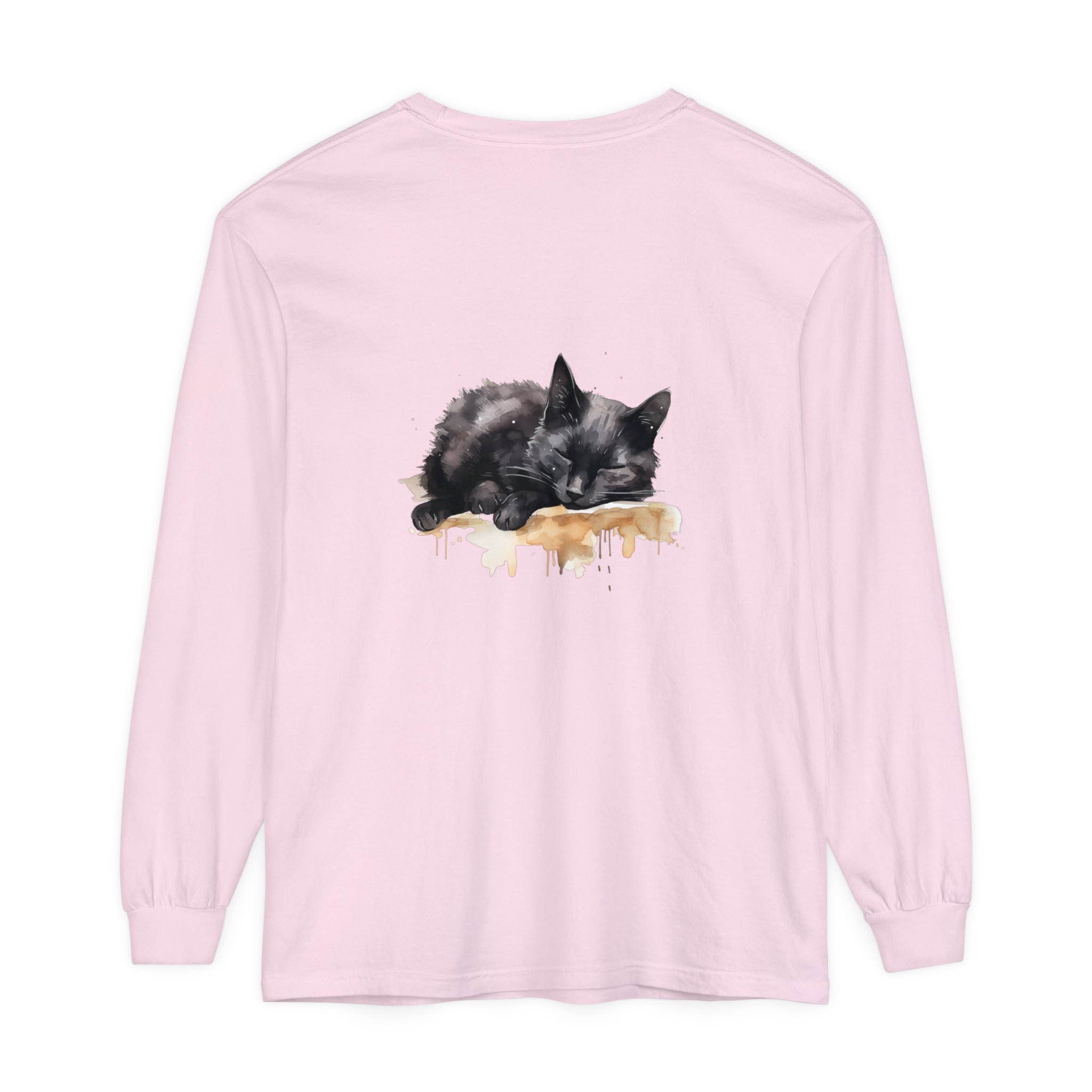 A beautiful watercolor illustration of a black cat sleeping on a t-shirt