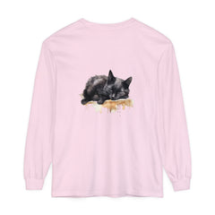 A beautiful watercolor illustration of a black cat sleeping on a t-shirt