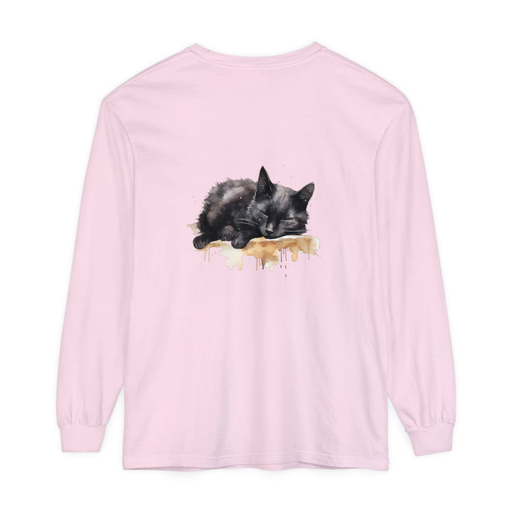 A beautiful watercolor illustration of a black cat sleeping on a t-shirt