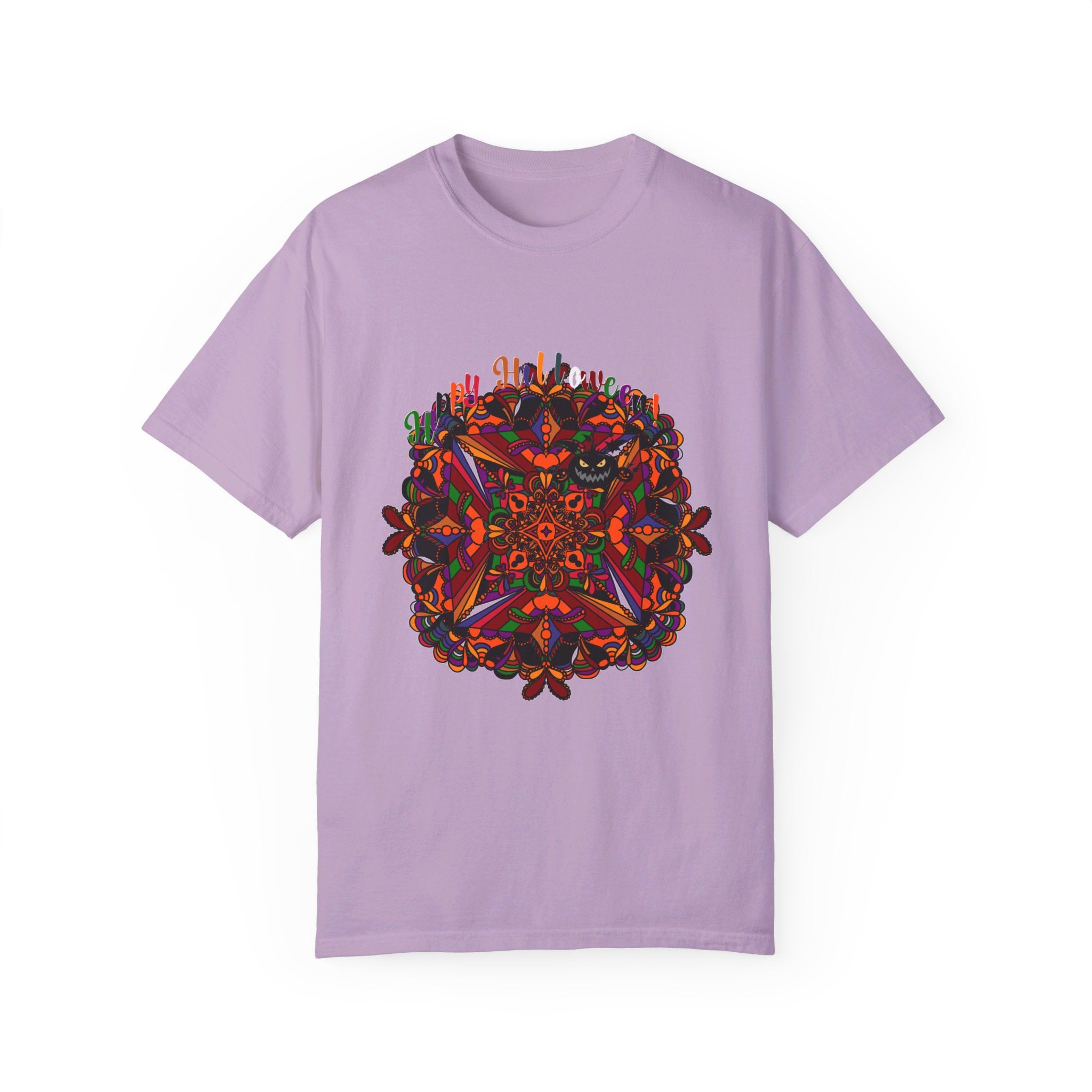 Garment-Dyed Unisex T-shirt featuring Handmade Pumpkin Mandala Art for Halloween