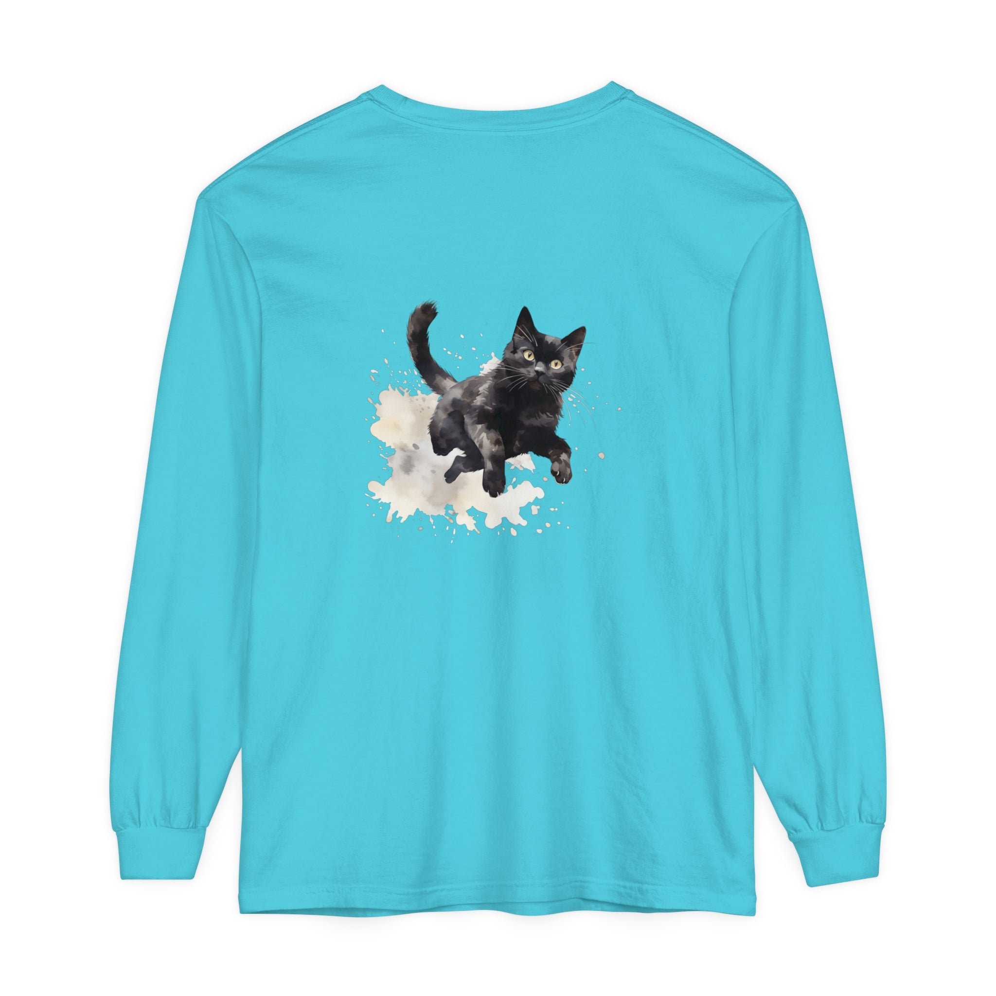 Black Cat Watercolor Splash T-Shirt with vibrant colors and unique design