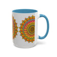 Vibrant and intricate mandala art mug featuring a colorful floral design