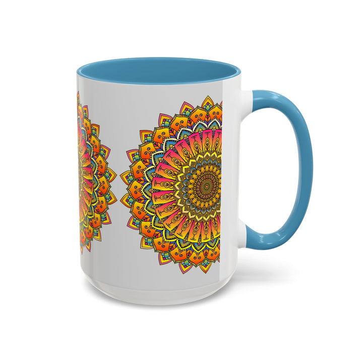 Vibrant and intricate mandala art mug featuring a colorful floral design