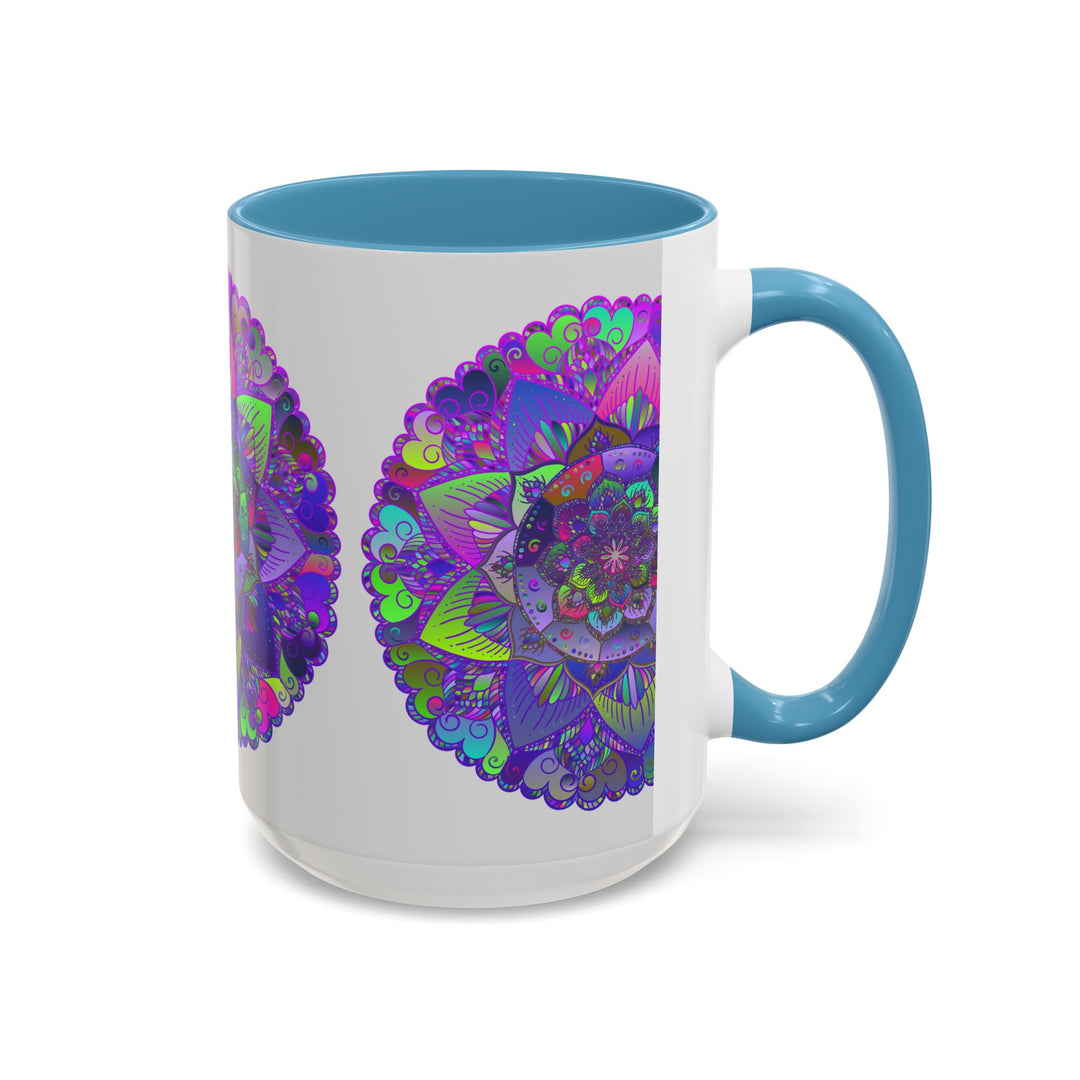 A beautiful light grey mug featuring intricate mandala art designs