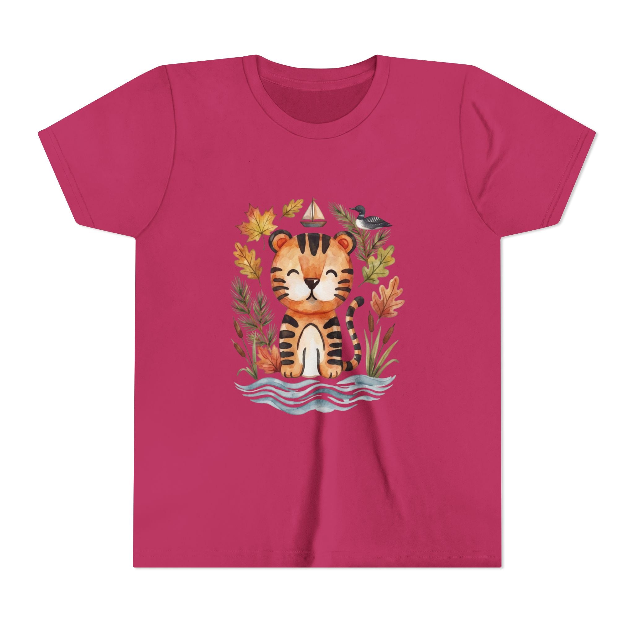 Kids Tiger Lake Ontario Tee — Watercolor Autumn Sailboat & Leaves Youth Short Sleeve Tee