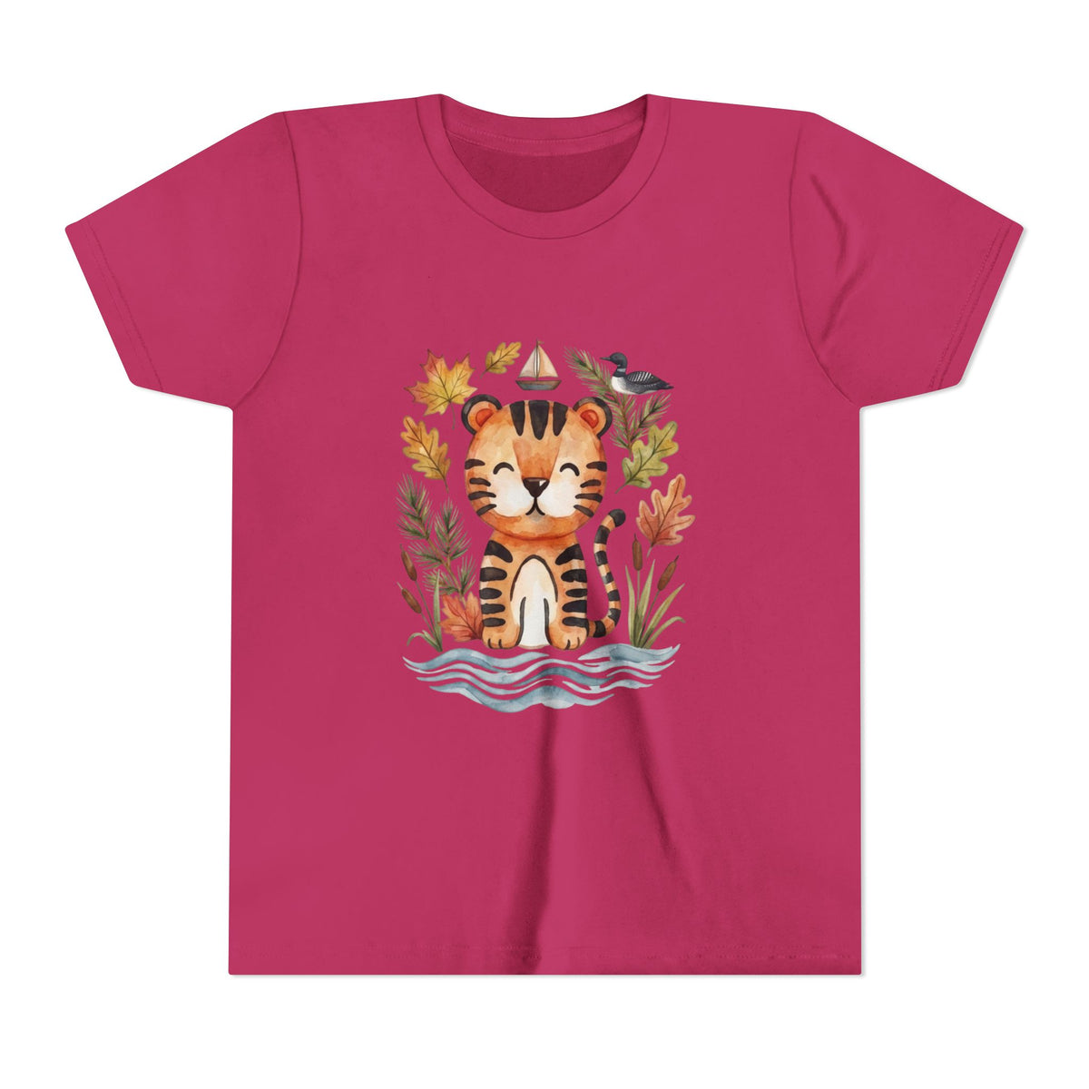 Kids Tiger Lake Ontario Tee — Watercolor Autumn Sailboat & Leaves Youth Short Sleeve Tee