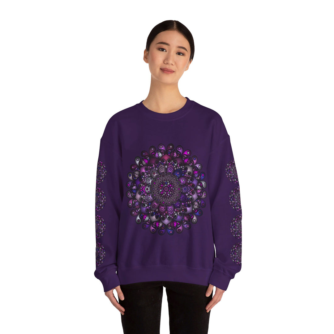 Unisex Heavy Blend™ Crewneck Sweatshirt with Purple Mandala Design, comfortable and stylish for both men and women, perfect for casual wear and lounging at home