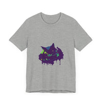 A black t-shirt featuring a colorful paint splatter design, perfect for mystery lovers