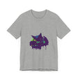 A black t-shirt featuring a colorful paint splatter design, perfect for mystery lovers