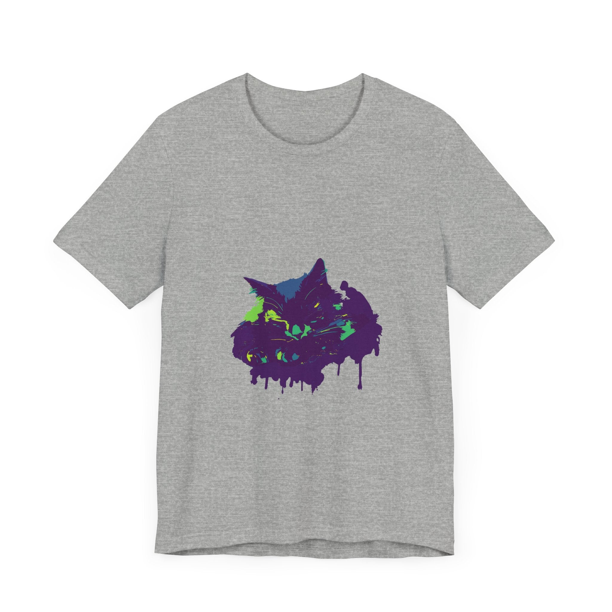 A black t-shirt featuring a colorful paint splatter design, perfect for mystery lovers