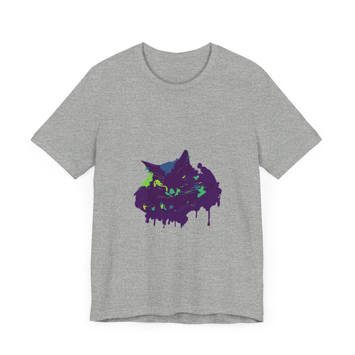 A black t-shirt featuring a colorful paint splatter design, perfect for mystery lovers